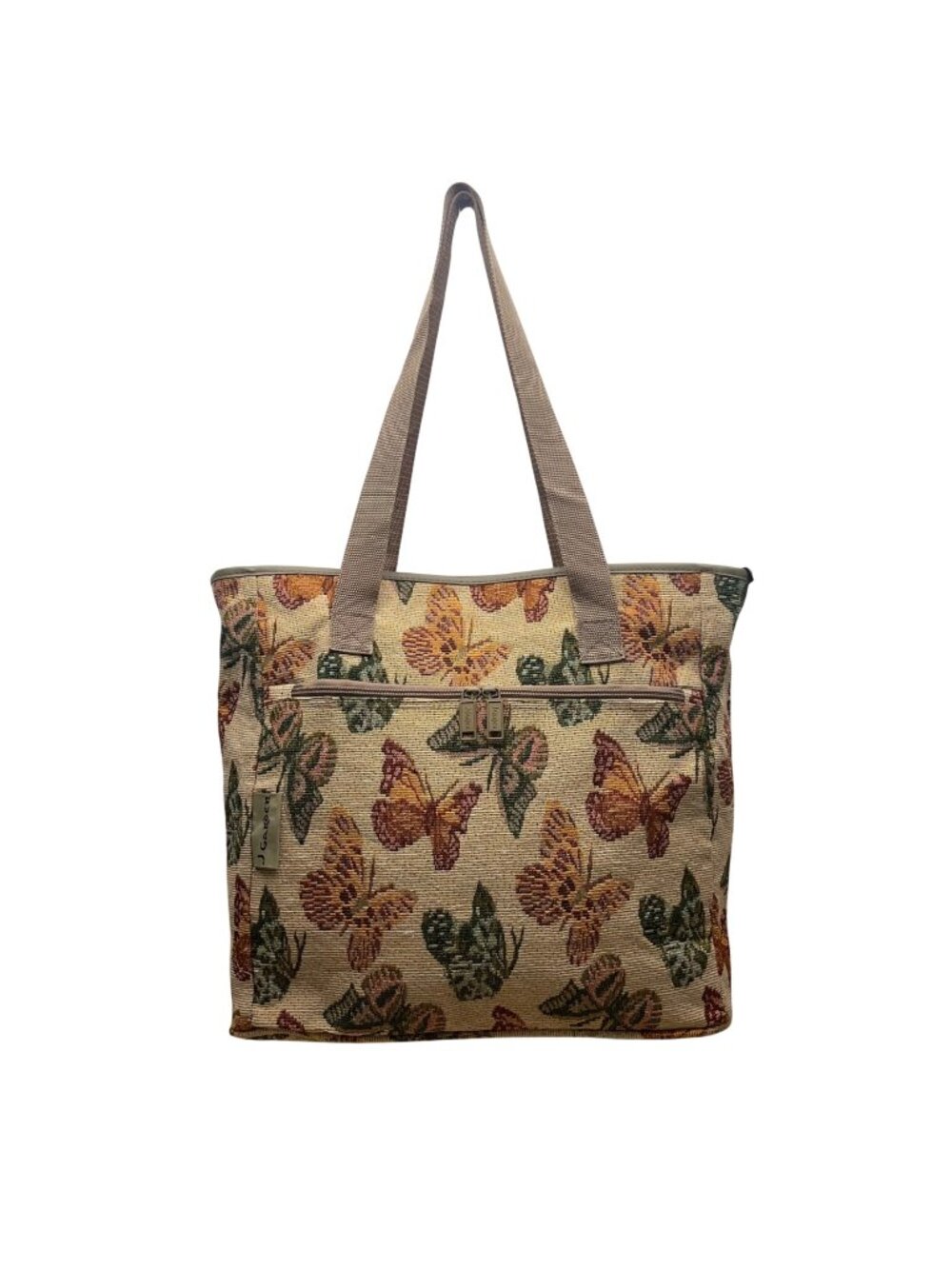 J Garden Unisex Beige Fabric Butterfly Pattern Zipper Closure Tote Bag